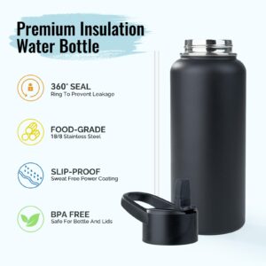 Kerilyn Stainless Steel Water bottle with Straw & Wide Mouth Lid, Wide Rotating Handle, 32oz Double Wall Vacuum Insulated Water Bottle Leak Proof, BPA Free, Keep Cold and Hot, 32oz, Black