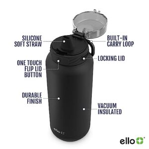 Ello Cooper 40oz Stainless Steel Water Bottle with Straw and Carry Handle, Double Walled and Vacuum Insulated Metal, Leak Proof Locking Lid with Soft Silicone Spout, Reusable, BPA Free, Black