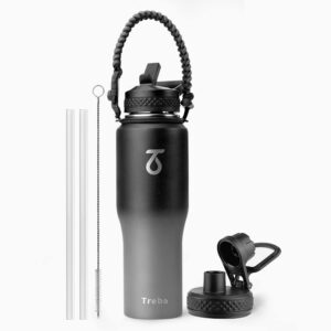 trebo water bottle 32oz with paracord handle,food-grade double wall vacuum stainless steel insulated tumbler flask with straw spout lids,leakproof keep cold & hot,fit in any car cup holder,dark gray