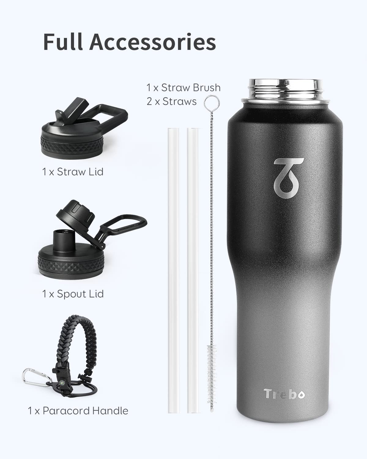 Trebo Water Bottle 32oz with Paracord Handle,Food-grade Double Wall Vacuum Stainless Steel Insulated Tumbler Flask with Straw Spout Lids,Leakproof Keep Cold & Hot,Fit in Any Car Cup Holder,Dark Gray