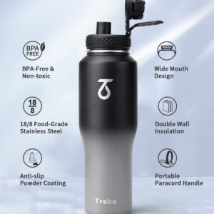 Trebo Water Bottle 32oz with Paracord Handle,Food-grade Double Wall Vacuum Stainless Steel Insulated Tumbler Flask with Straw Spout Lids,Leakproof Keep Cold & Hot,Fit in Any Car Cup Holder,Dark Gray