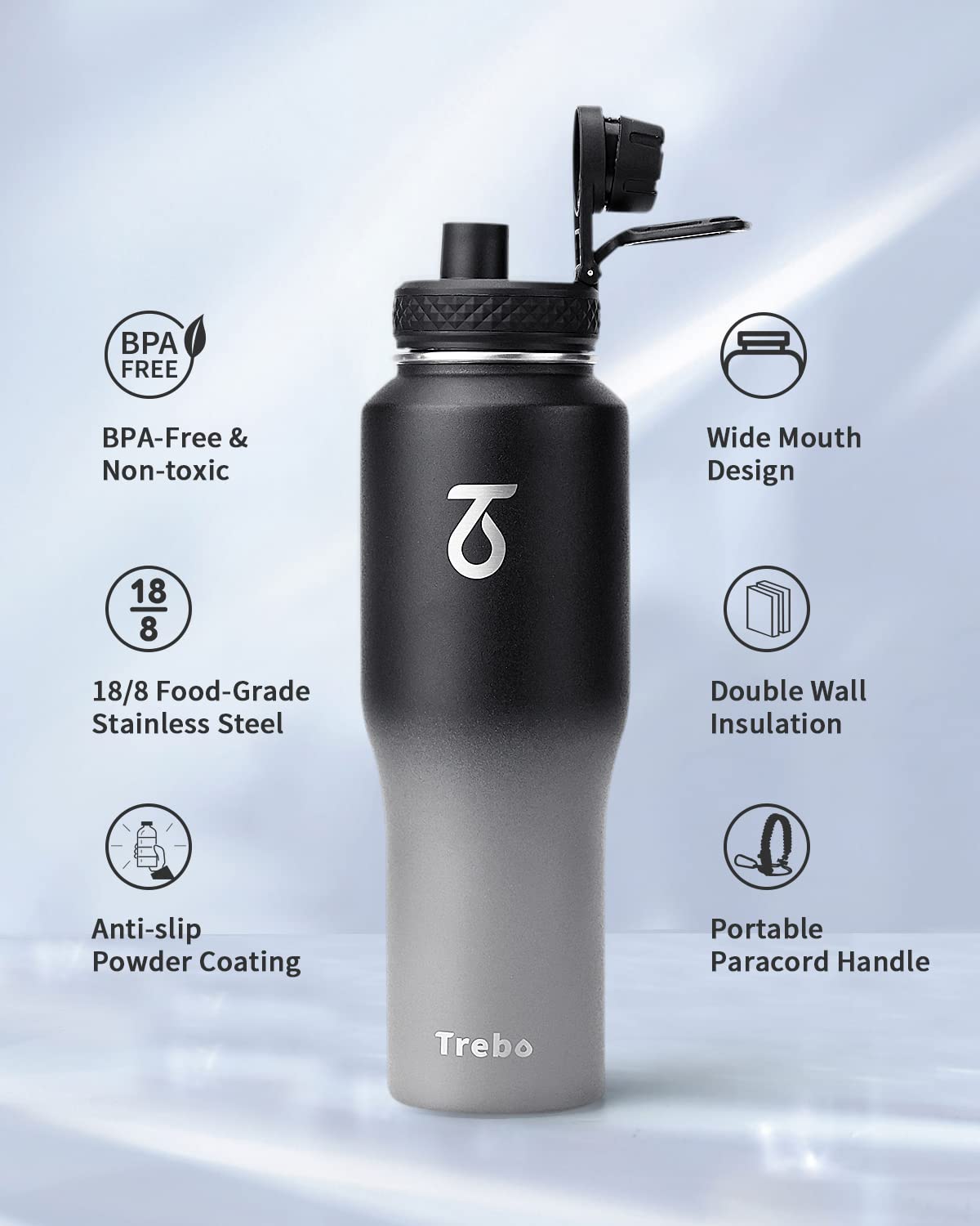 Trebo Water Bottle 32oz with Paracord Handle,Food-grade Double Wall Vacuum Stainless Steel Insulated Tumbler Flask with Straw Spout Lids,Leakproof Keep Cold & Hot,Fit in Any Car Cup Holder,Dark Gray