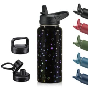 zibtes 32 oz insulated water bottle with straw,3 lids(flip, spout and handle lid), stainless steel leak proof sports water flask, double walled vacuum metal water bottle (starry sky)
