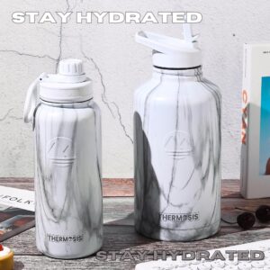 Thermosis 2 Lids (Sports and Handle Lids) 64 Oz Insulated Water Bottles Half Gallon Water Bottle With Wide Mouth Opening | Great 1/2 Gallon Water Jug for Sports and Gym - White Marble