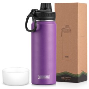 koodee insulated water bottle, 22 oz stainless steel double wall vacuum wide mouth sport bottle with leakproof spout lid (purple)