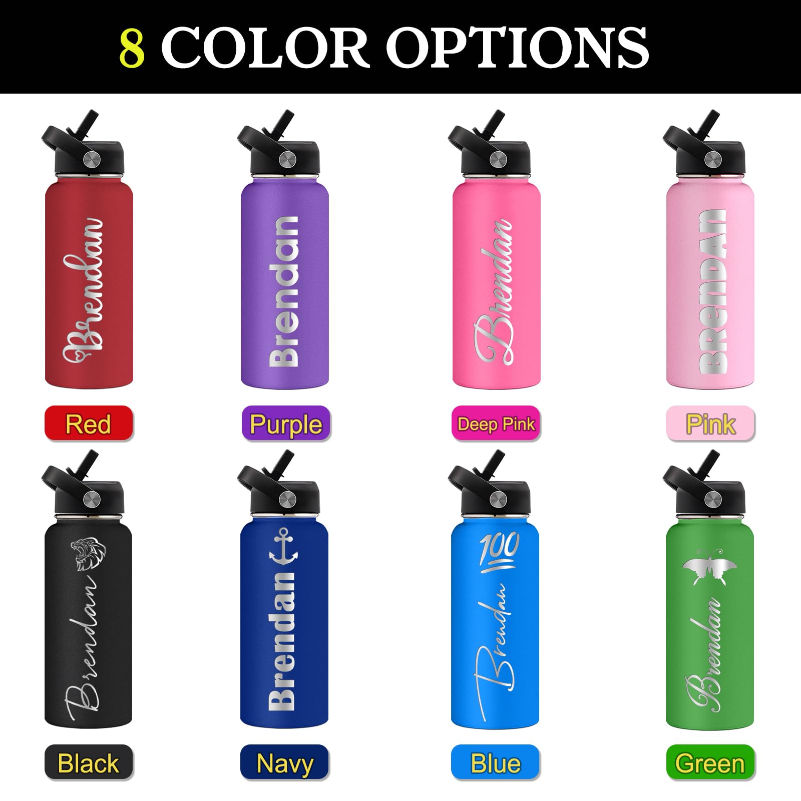 Personalized Water Bottles with Straw Lid 24/32/40oz Custom Engraved Name Logo Stainless Steel Insulated Bottle Customized Gift for School Sport Gym Work