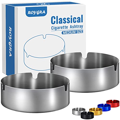 roygra Ashtray 2 Pack, Metal Ashtray - Silver, Medium Size (3.14 x 3.14 x 1.25’’)