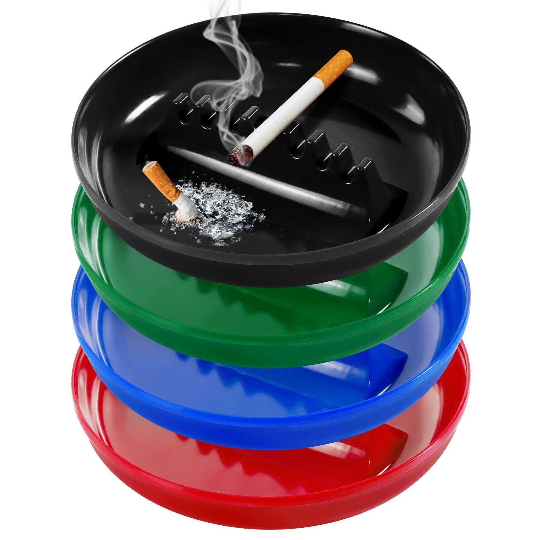 Grovind Plastic Ashtrays for Cigarettes and Cigars, Indoor Outdoor Ash Tray Large Size Tabletop Ashtray Decor for Home Office Restaurant Patio Bar - Pack of 4 Colors Mixed (Black/Blue/Green/Red)