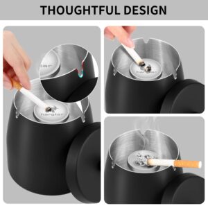 Outdoor Ashtrays for Patio with Lid, Outdoor Ash Tray Sets for Cigarettes Outdoor, Stainless Steel Windproof Ashtrays Large Covered Outside Odorless Iron Metal Indoor Tabletop, Black, Medium