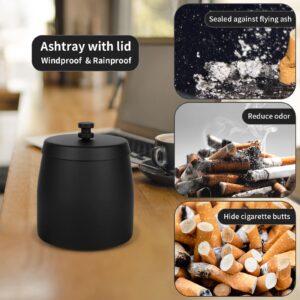 Outdoor Ashtrays for Patio with Lid, Outdoor Ash Tray Sets for Cigarettes Outdoor, Stainless Steel Windproof Ashtrays Large Covered Outside Odorless Iron Metal Indoor Tabletop, Black, Medium