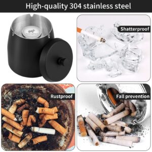 Outdoor Ashtrays for Patio with Lid, Outdoor Ash Tray Sets for Cigarettes Outdoor, Stainless Steel Windproof Ashtrays Large Covered Outside Odorless Iron Metal Indoor Tabletop, Black, Medium