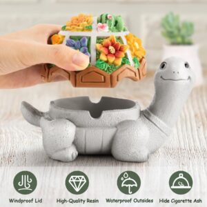 LESES Ashtray, Cute Turtle Cigarette Ashtray with Lid, Smokeless Waterproof Ash Tray Outdoor Resin Ashtray for Patio Home Office Gifts Indoor Ashtray