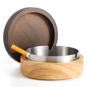 DDAJJAJ Cute Ashtrays for Cigarettes Smokeless Ash Tray with Stainless Steel Liner Windproof Wooden Ashtray with Lid for Home Office Tabletop Outside Patio