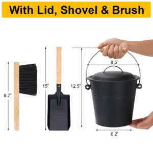 1.5-Gallon Metal Ash Bucket with Lid, Shovel, Broom - For Fireplaces, Wood Stoves