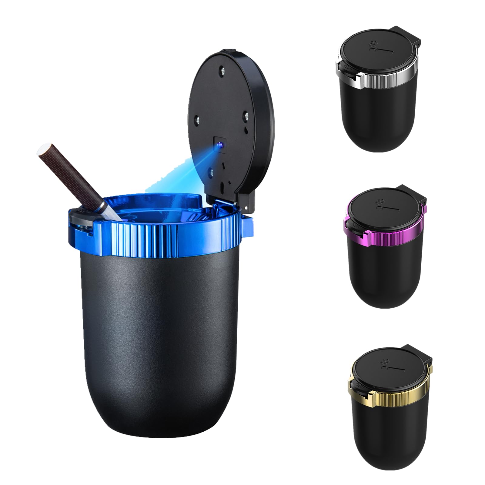 WQR Car Ashtray with Lid Portable Ash Tray Blue Mini Car Trash Can with LED Blue Light Windproof for Outdoor Travel (Blue)