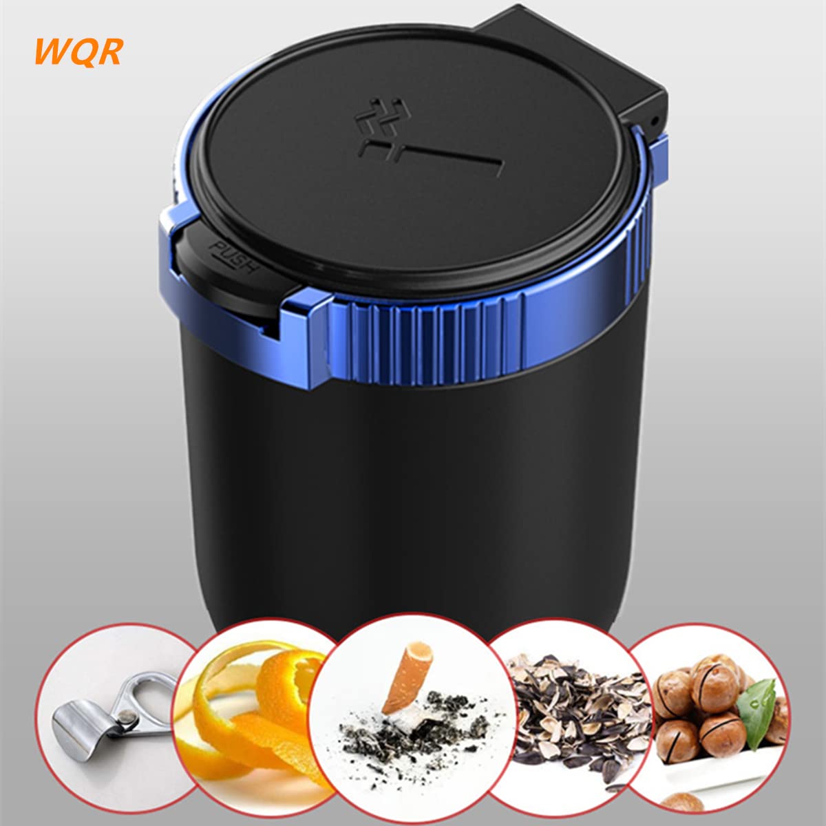 WQR Car Ashtray with Lid Portable Ash Tray Blue Mini Car Trash Can with LED Blue Light Windproof for Outdoor Travel (Blue)