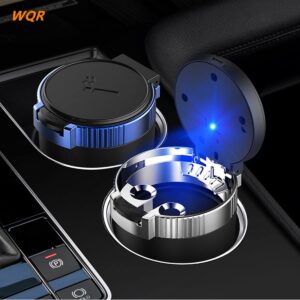 WQR Car Ashtray with Lid Portable Ash Tray Blue Mini Car Trash Can with LED Blue Light Windproof for Outdoor Travel (Blue)