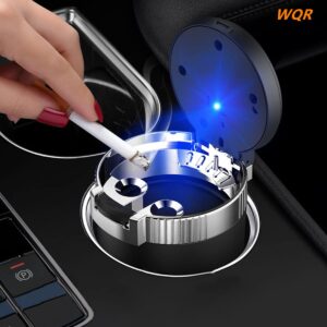 WQR Car Ashtray with Lid Portable Ash Tray Blue Mini Car Trash Can with LED Blue Light Windproof for Outdoor Travel (Blue)