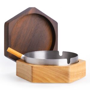 ddajjaj windproof ash tray for weed with lid, wooden ashtray with stainless steel liner for outdoors and indoors use, smoking ashtray for home office