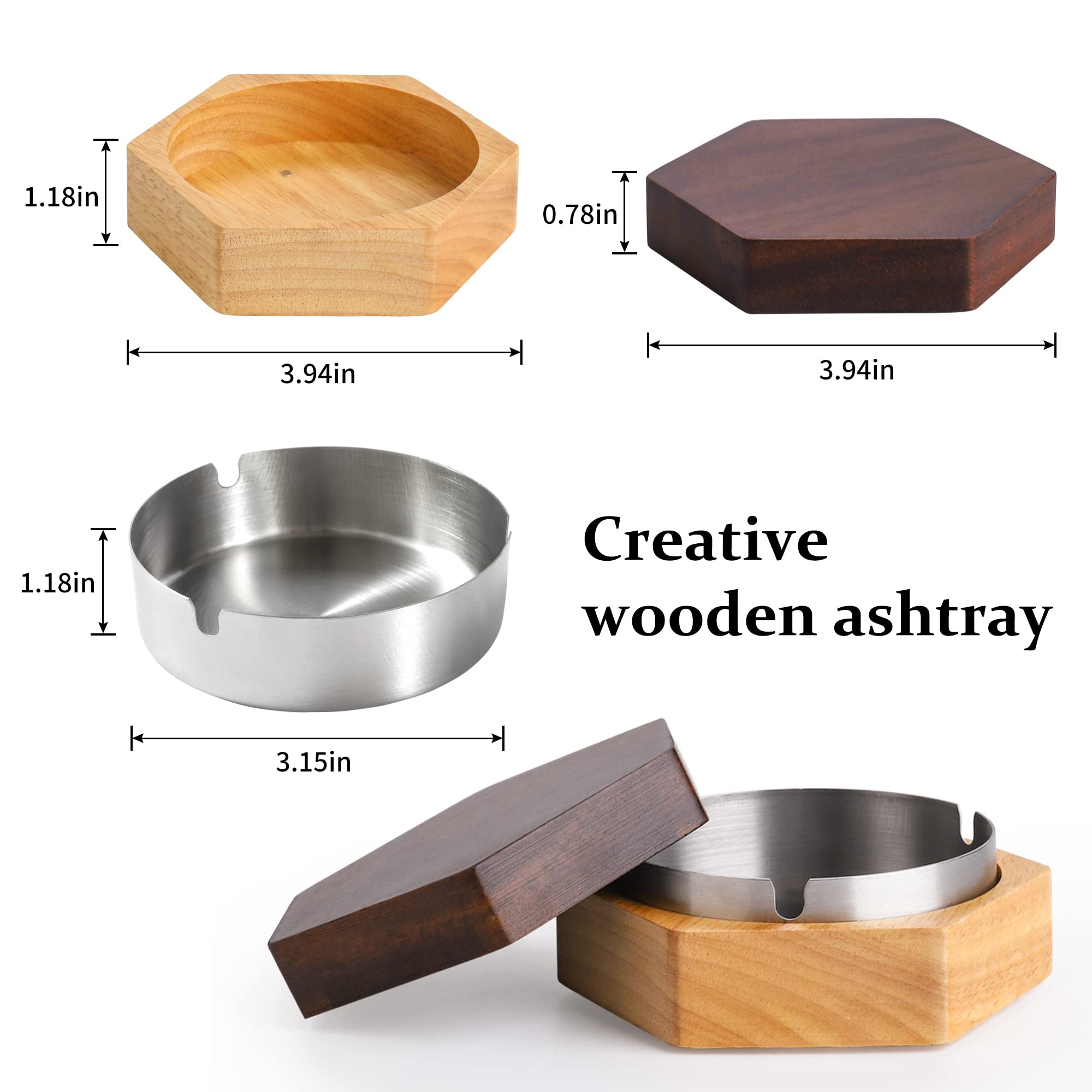 DDAJJAJ Windproof Ash Tray for Weed with Lid, Wooden Ashtray with Stainless Steel Liner for Outdoors and Indoors Use, Smoking Ashtray for Home Office