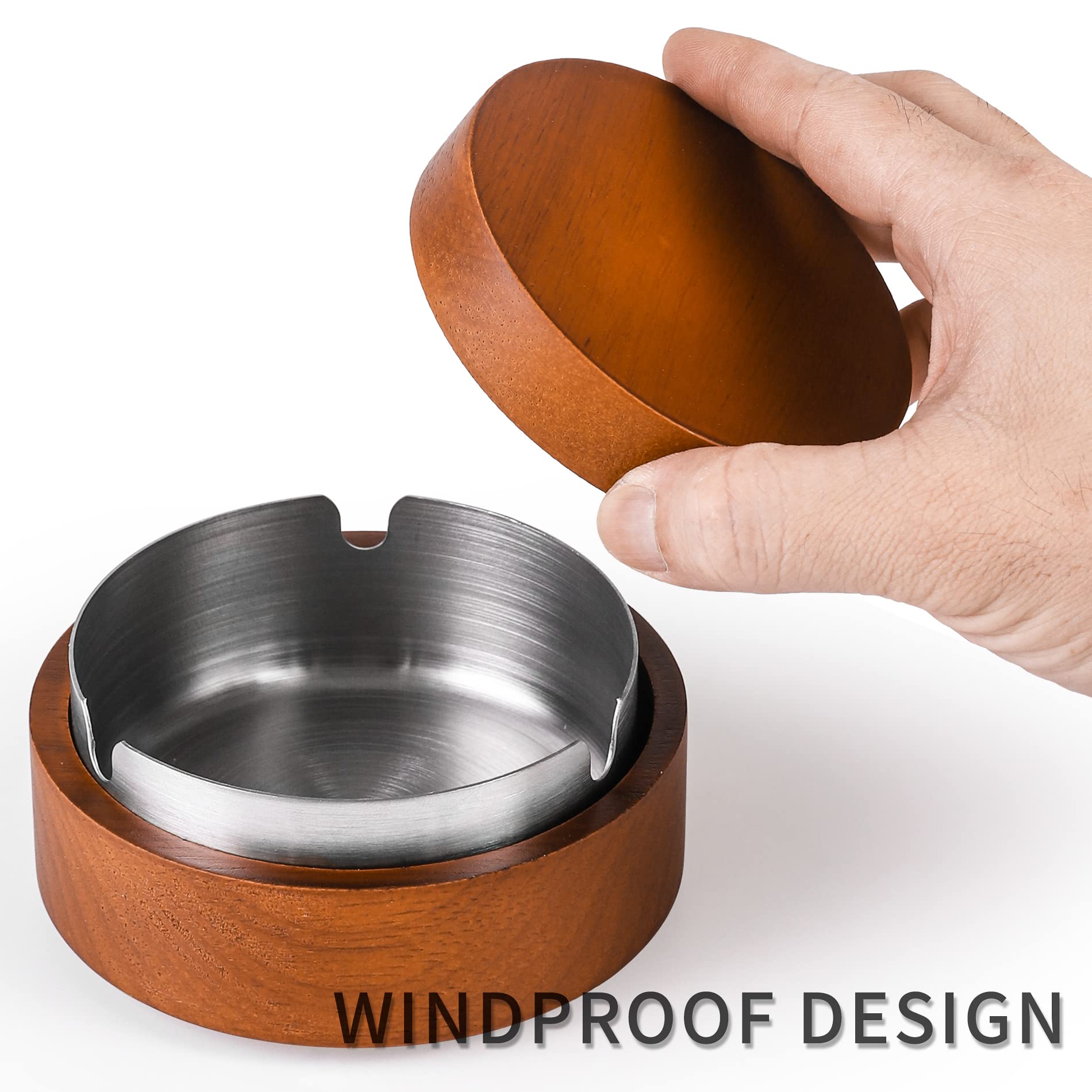 Wooden Ashtray with Lid for Smokers Stainless Steel Liner Ash Tray Windproof Durable Easy to Clean Cool Ashtrays for Indoor or Outdoor Use, Patio, Office & Home (Red)