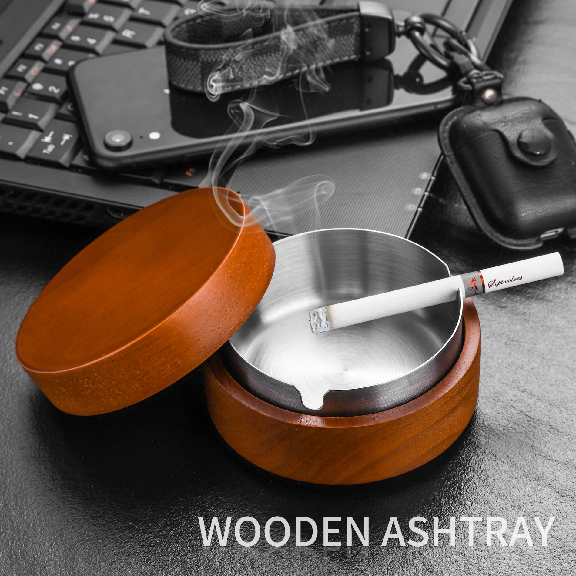 Wooden Ashtray with Lid for Smokers Stainless Steel Liner Ash Tray Windproof Durable Easy to Clean Cool Ashtrays for Indoor or Outdoor Use, Patio, Office & Home (Red)