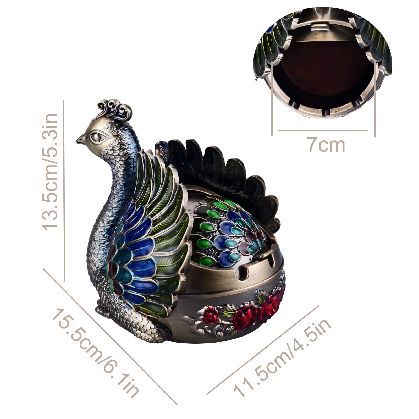 K COOL Peacock Metal Ashtray with Lid, Windproof Portable Cigarette Ashtray for Indoor or Outdoor Use, Ash Holder for Smokers, Desktop Smoking Ash Tray for Patio Porch Reception Decoration (Bronze)