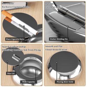 Newness Ashtray, Stainless Steel Modern Windproof Ashtray with Lid, Tabletop Cigarette Ash tray for Indoor or Outdoor Use, Large Size Ash Holder for Smokers, Desktop Smoking Ash Tray for Home