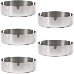 juvale 5 pack stainless steel ashtrays for cigarettes, outdoor, indoor round patio ashtray, 3 slots each (4 x 4 x 1.2 in)