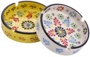 jusiza ceramic ashtray for cigarettes - suitable for home, patio, office, indoor, outdoor use cool ashtrays for smokers – cute ashtray for outside patio- decorative ash tray, 2 pack (white and yellow)