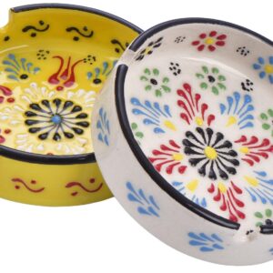 JUSIZA Ceramic Ashtray For Cigarettes - Suitable for Home, Patio, Office, Indoor, Outdoor Use Cool Ashtrays For Smokers – Cute Ashtray for Outside Patio- Decorative Ash Tray, 2 Pack (White and Yellow)