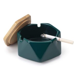 ceramic geometric ashtray with lid, windproof ceramic ashtray for indoor or outdoor use, home office decoration, dark green