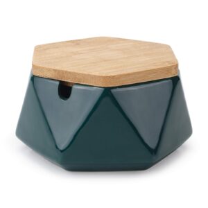 Ceramic Geometric Ashtray with Lid, Windproof Ceramic Ashtray for Indoor or Outdoor Use, Home Office Decoration, Dark Green