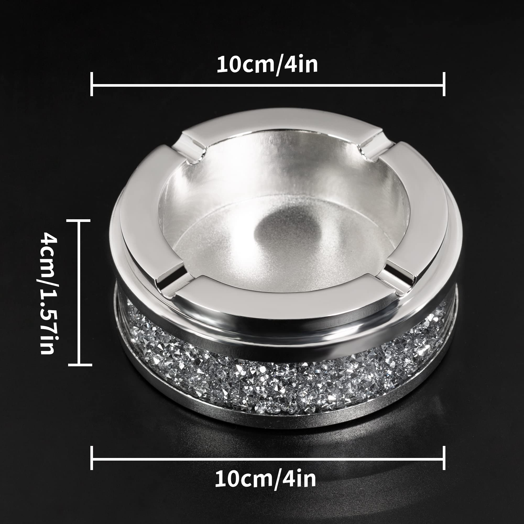 Ashtray, Cool Ashtrays for Cigarettes Outdoor, Cute Glass Ash Tray for Weed, Crushed Diamond Home Decor, Bling Crystal Ashtray for Smokers Indoor Use, 4"L x 4"W x 1.57"H, Silver