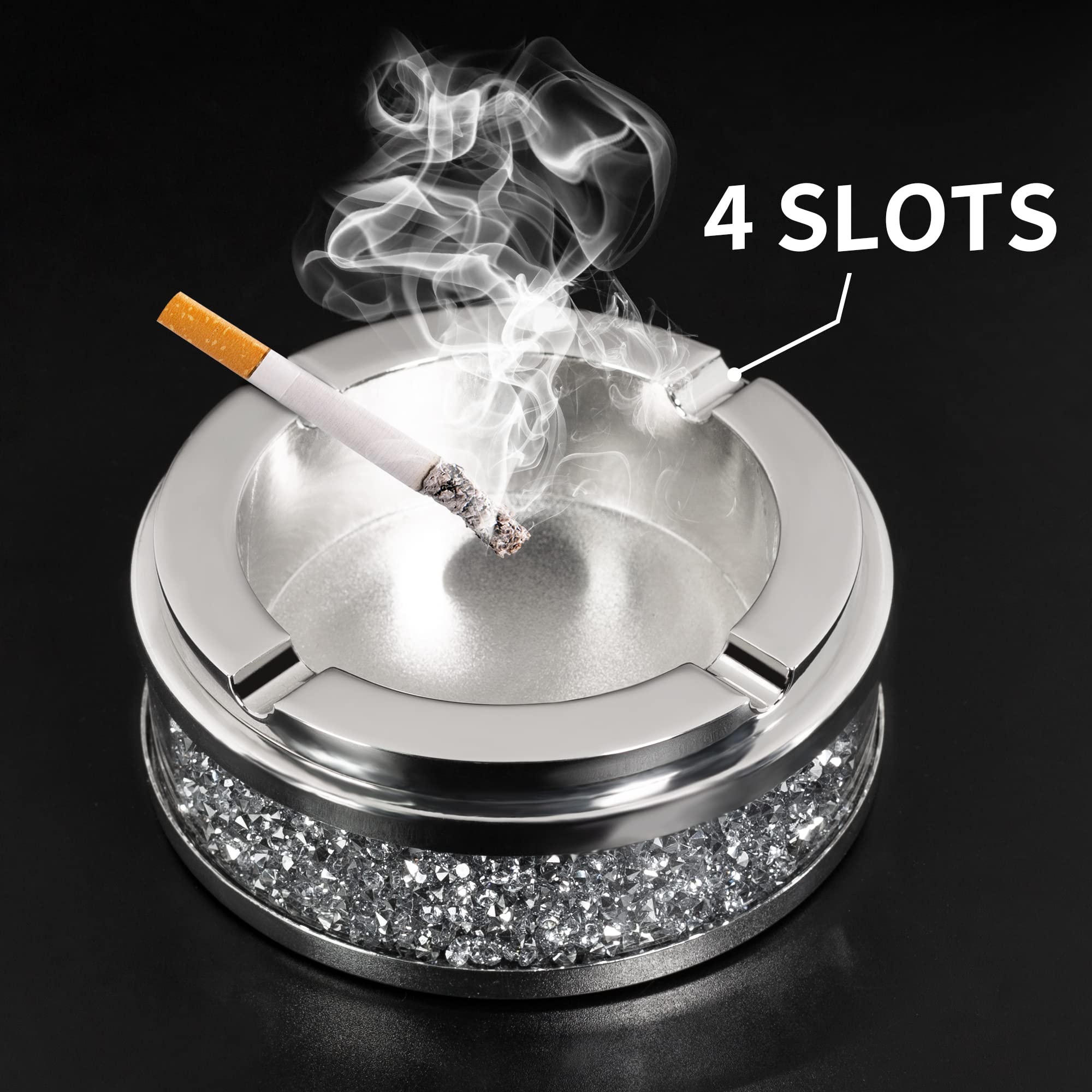 Ashtray, Cool Ashtrays for Cigarettes Outdoor, Cute Glass Ash Tray for Weed, Crushed Diamond Home Decor, Bling Crystal Ashtray for Smokers Indoor Use, 4"L x 4"W x 1.57"H, Silver