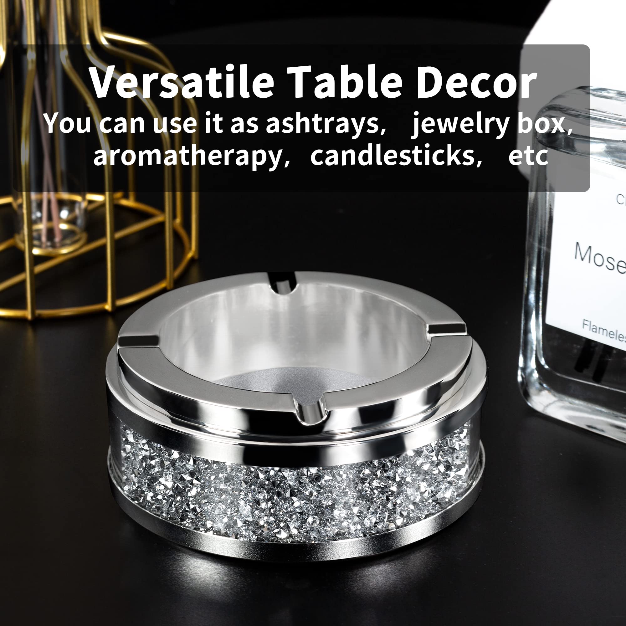 Ashtray, Cool Ashtrays for Cigarettes Outdoor, Cute Glass Ash Tray for Weed, Crushed Diamond Home Decor, Bling Crystal Ashtray for Smokers Indoor Use, 4"L x 4"W x 1.57"H, Silver