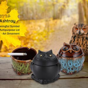 MOOTKA Owl Ashtray, Smellproof Outdoor Ash Tray with Lid, Ashtrays Cigarettes Gifts Ceramic Fairy Garden Animals Ornaments, Women's Day Mother Father Home Decor (Blue)