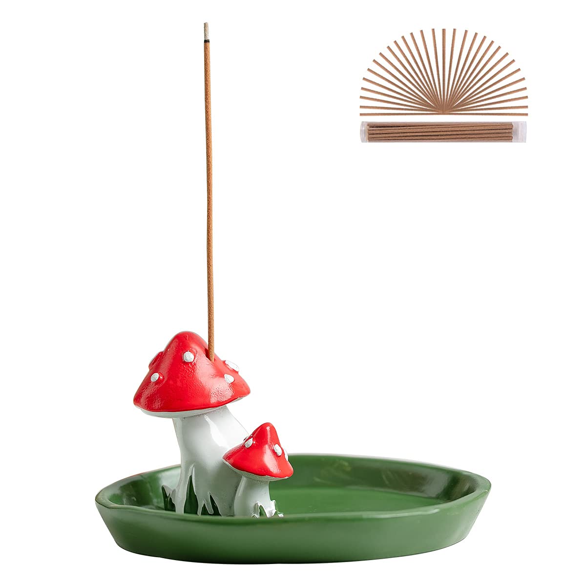 CHUNCHE Cute Mushroom Incense Holder with 30 Incense Sticks, Handmade Resin Burner, Nature Theme Incense Tray, Adorable Home Decoration Accessories(Green)