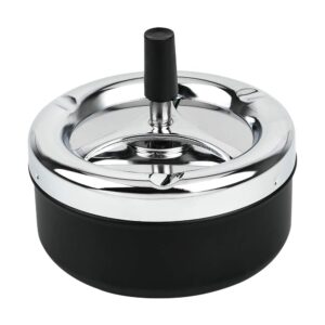 Round Push Down Ashtray with Spinning Tray Metal Cigarette Ash Tray Large 5.2 Inches Home Ashtray for Outside Patio - Black