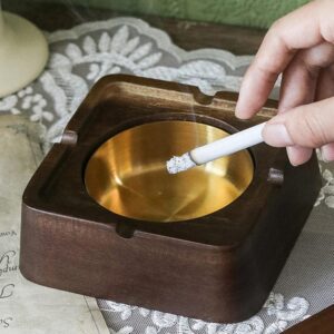 Ashtray Wooden Cigarette Ashtray Square Outdoor Ash Tray with Removable Stainless Steel Liner & Lid for Patio Office Home Decoration