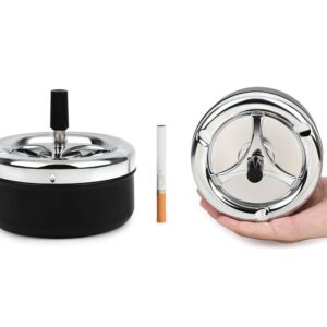 Round Push Down Ashtray with Spinning Tray Metal Cigarette Ash Tray Large 5.2 Inches Home Ashtray for Outside Patio - Black