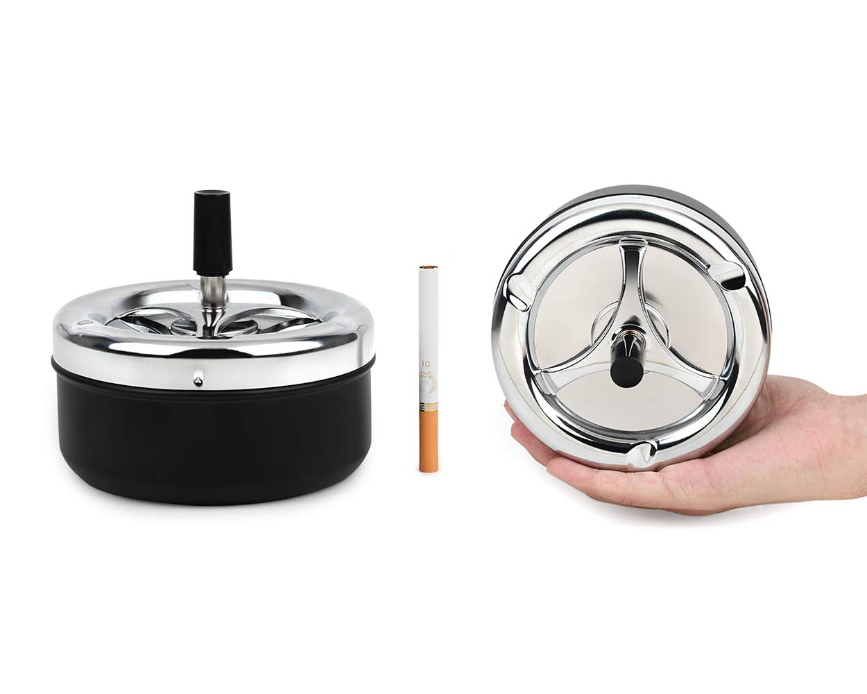 Round Push Down Ashtray with Spinning Tray Metal Cigarette Ash Tray Large 5.2 Inches Home Ashtray for Outside Patio - Black