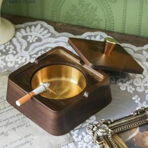 Ashtray Wooden Cigarette Ashtray Square Outdoor Ash Tray with Removable Stainless Steel Liner & Lid for Patio Office Home Decoration