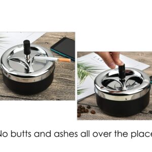 Round Push Down Ashtray with Spinning Tray Metal Cigarette Ash Tray Large 5.2 Inches Home Ashtray for Outside Patio - Black