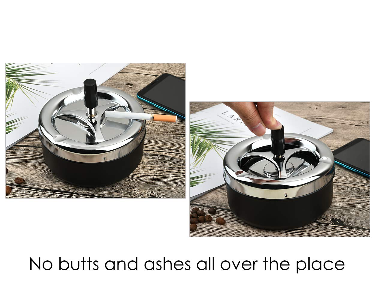 Round Push Down Ashtray with Spinning Tray Metal Cigarette Ash Tray Large 5.2 Inches Home Ashtray for Outside Patio - Black