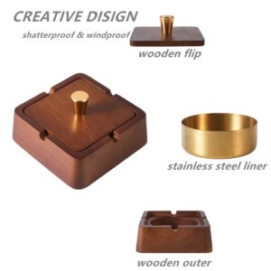 Ashtray Wooden Cigarette Ashtray Square Outdoor Ash Tray with Removable Stainless Steel Liner & Lid for Patio Office Home Decoration