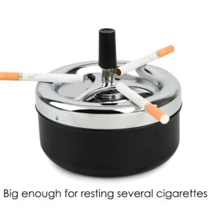 Round Push Down Ashtray with Spinning Tray Metal Cigarette Ash Tray Large 5.2 Inches Home Ashtray for Outside Patio - Black