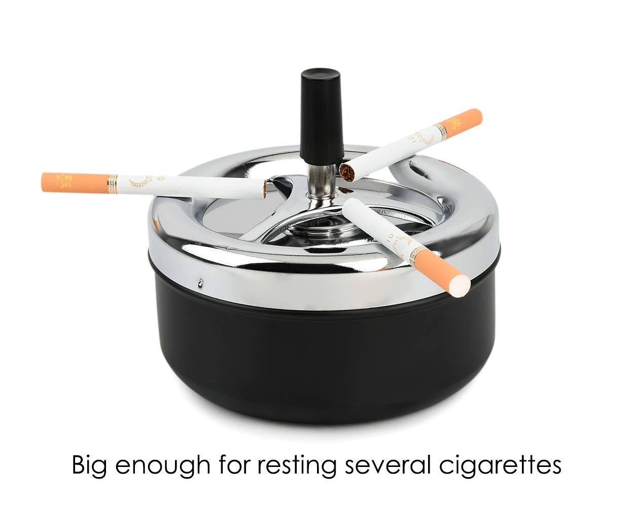 Round Push Down Ashtray with Spinning Tray Metal Cigarette Ash Tray Large 5.2 Inches Home Ashtray for Outside Patio - Black