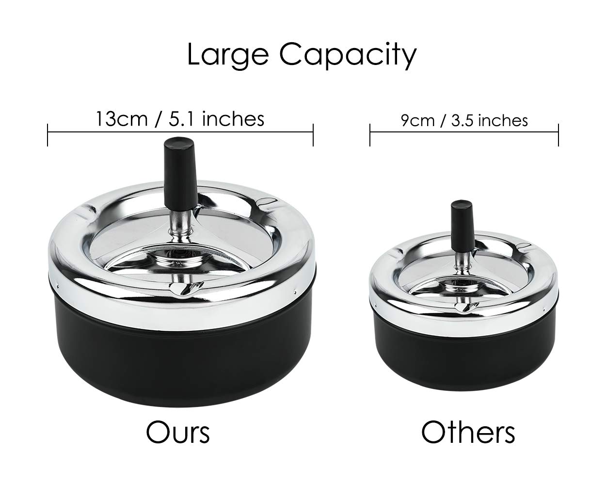 Round Push Down Ashtray with Spinning Tray Metal Cigarette Ash Tray Large 5.2 Inches Home Ashtray for Outside Patio - Black