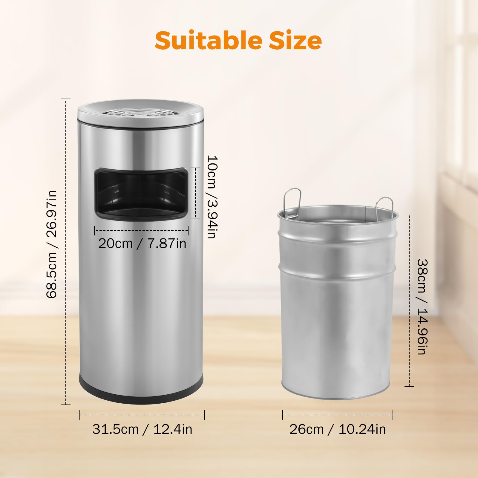 BEAMNOVA Outdoor Trash Can with Lid Stainless Steel Commercial Garbage Enclosure Yard Garage Inside Barrel Industrial Garbage Can Heavy Duty Waste Container, 12.4 * 27 in /31.5 * 68.5cm